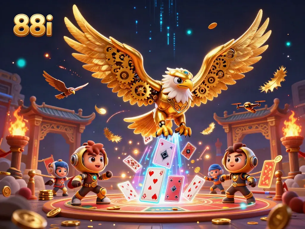 Experience thrilling gameplay at 88i with a cybernetic eagle amidst holographic playing cards.