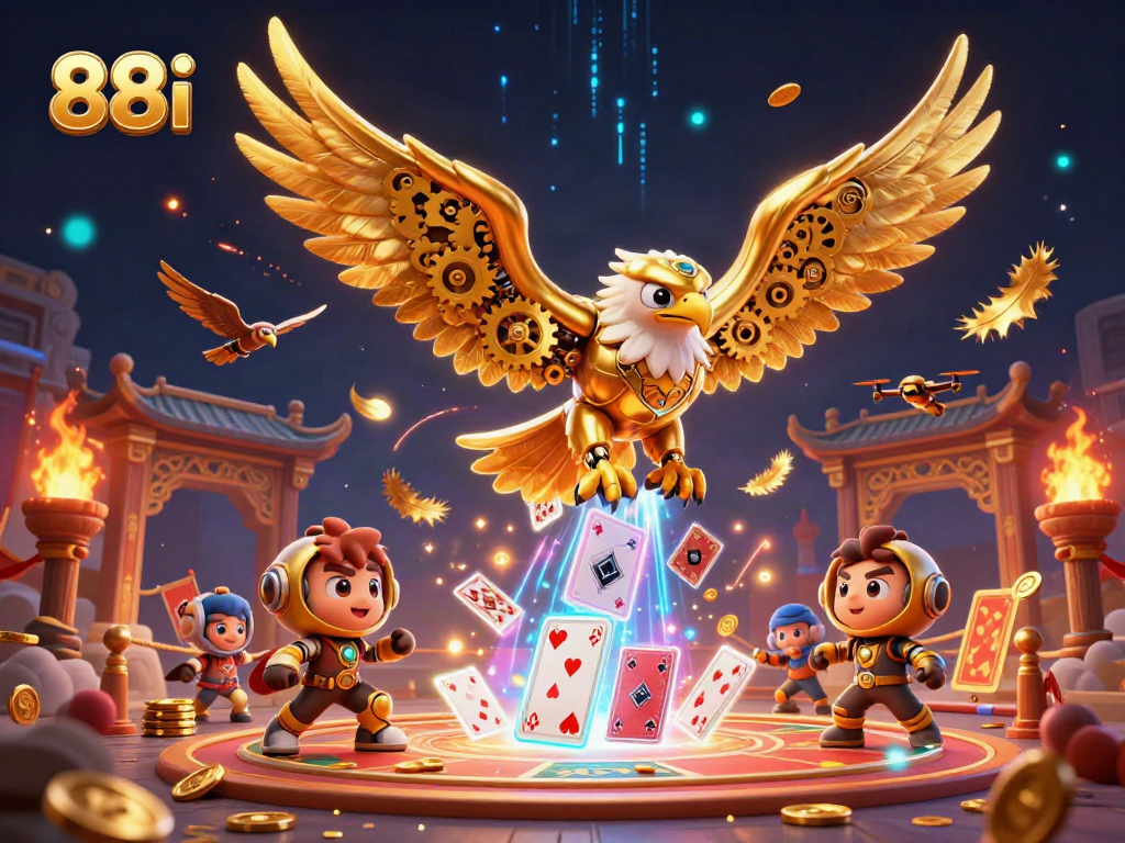 Experience thrilling gameplay at 88i with a cybernetic eagle amidst holographic playing cards.