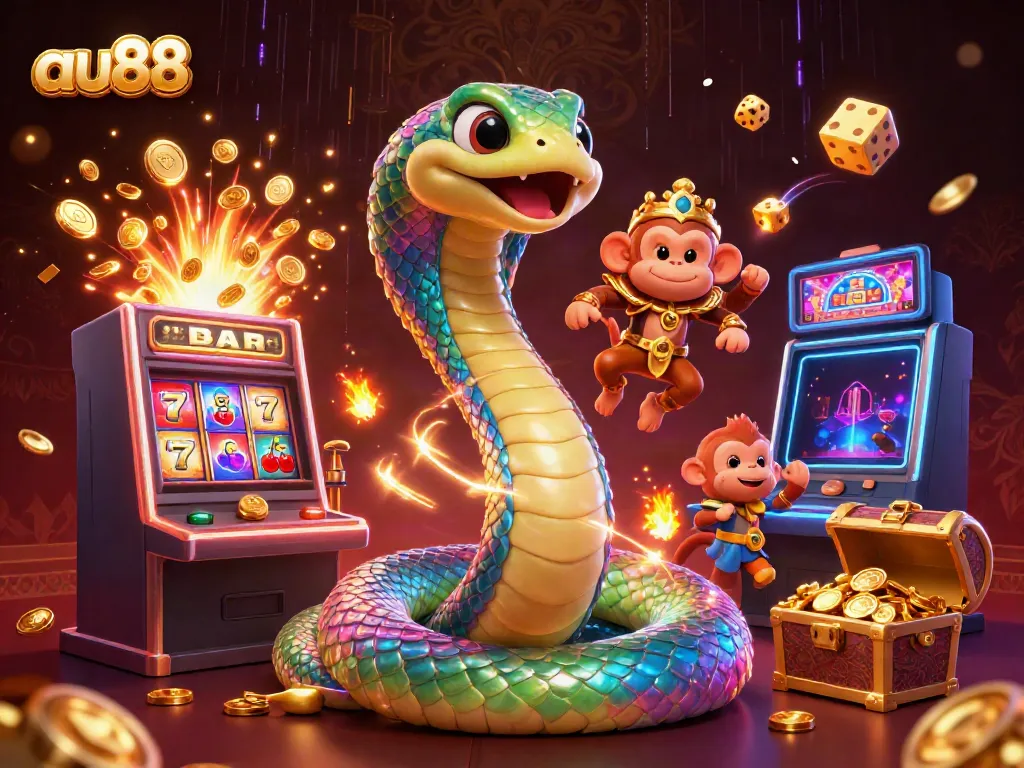 au88 captivating jackpot scene with vibrant characters and dynamic casino elements