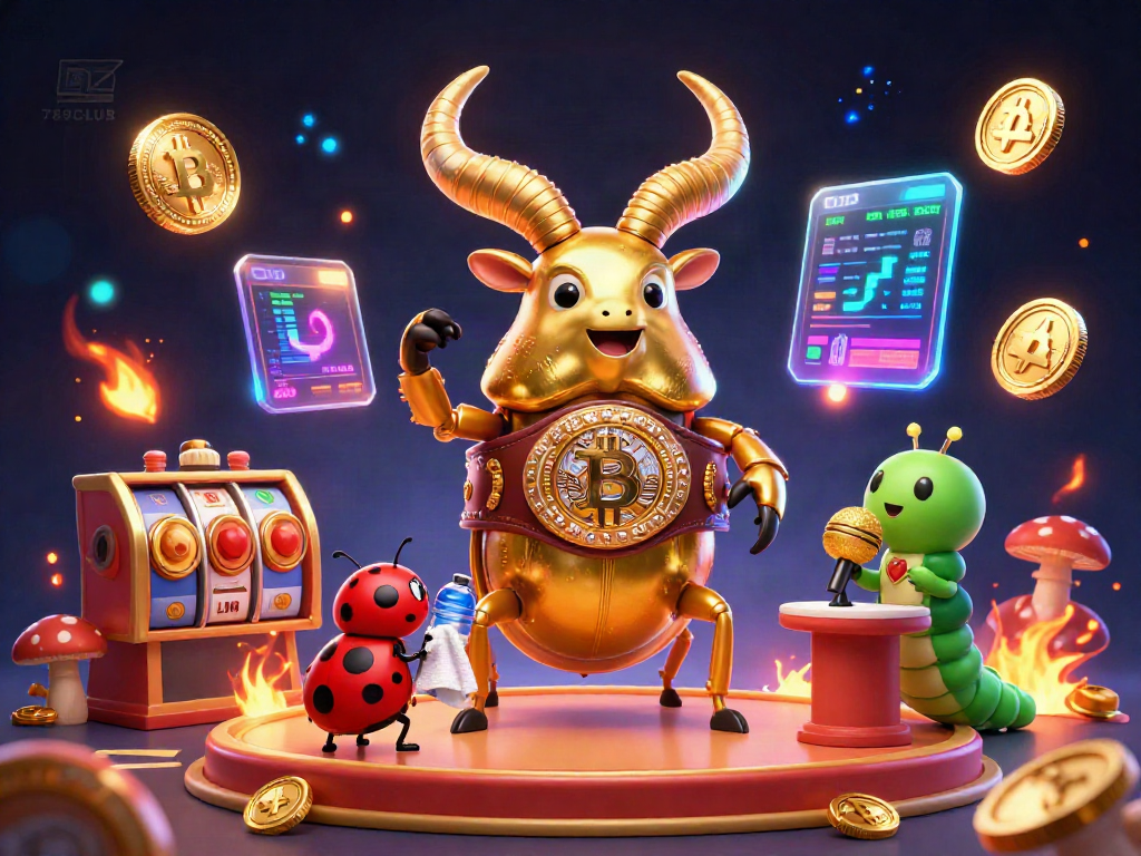 Engage with 789CLUB's vibrant casino world featuring a golden stag beetle champion amidst gambling elements.