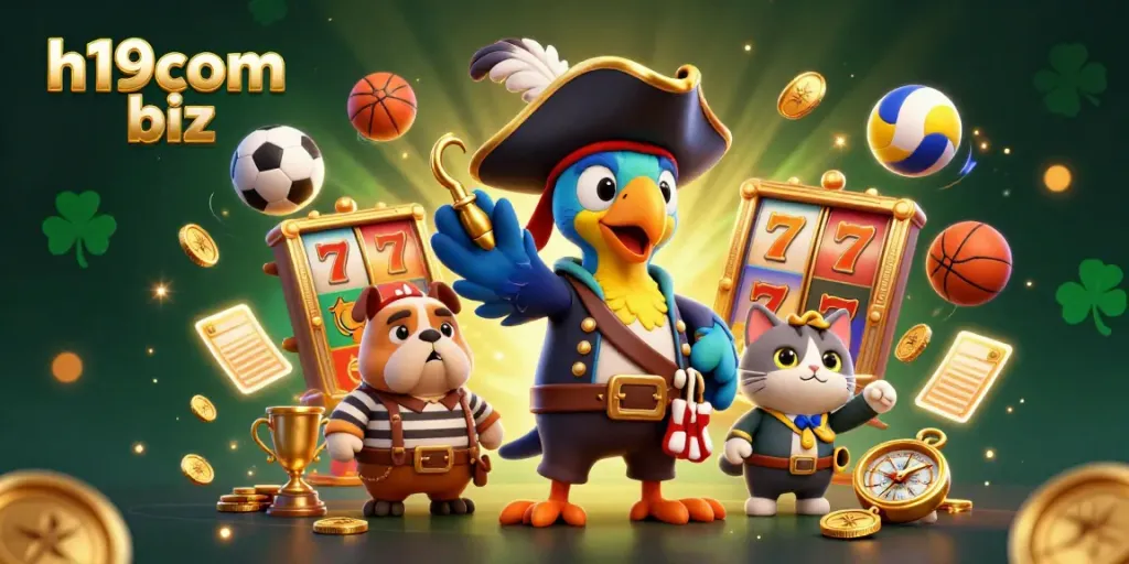 Join the excitement at h19com biz with festive slot reels and animated sports elements in a vibrant casino-themed scene.