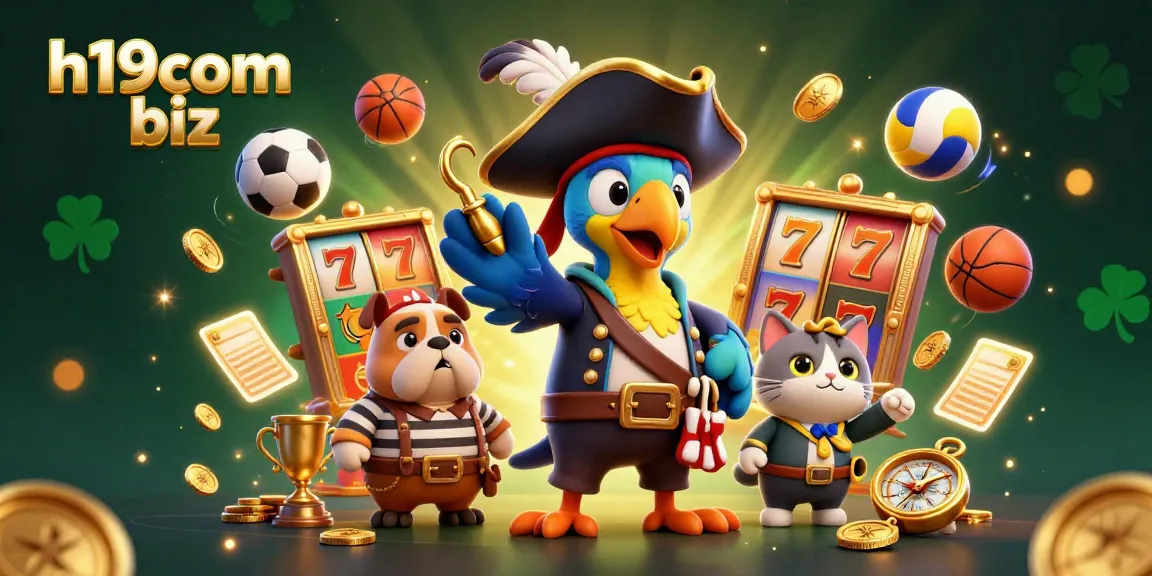 Join the excitement at h19com biz with festive slot reels and animated sports elements in a vibrant casino-themed scene.