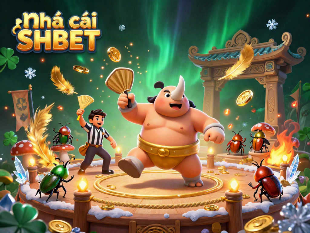 Experience the thrilling action at Nhà cái SHBET with dynamic 3D illustrations of beetle champions and exciting casino elements.