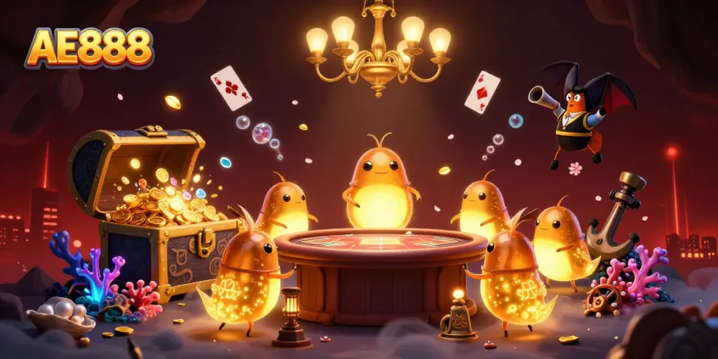 Experience the lively AE888 casino scene with glowworms and an upside-down bat dealer.
