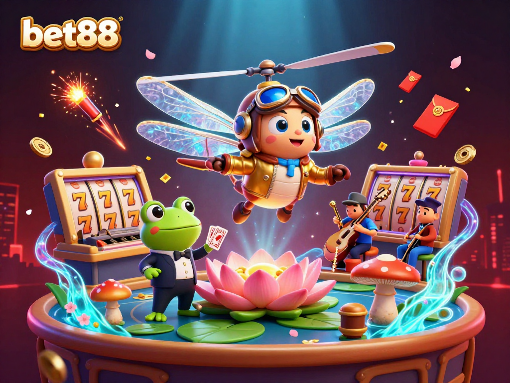Bet88 showcases a thrilling casino scene with a dragonfly pilot, frog croupier, and jazz-playing crickets.