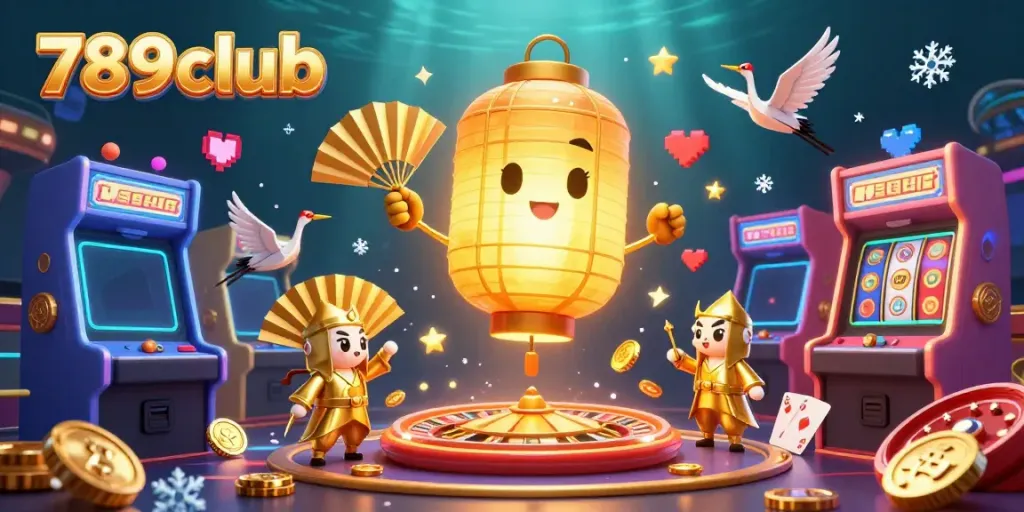 Experience the vibrant excitement of 789club with interactive casino symbols and glowing characters in a lively digital illustration.