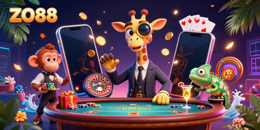 Experience thrilling gameplay at ZO88 as a high-roller giraffe bets at a VIP poker table surrounded by casino elements.