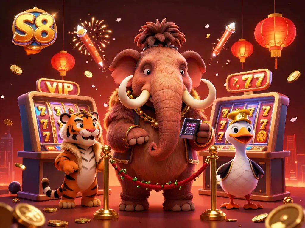 S8 casino bouncer checks VIP IDs while slot reels and festive decor fill the scene.