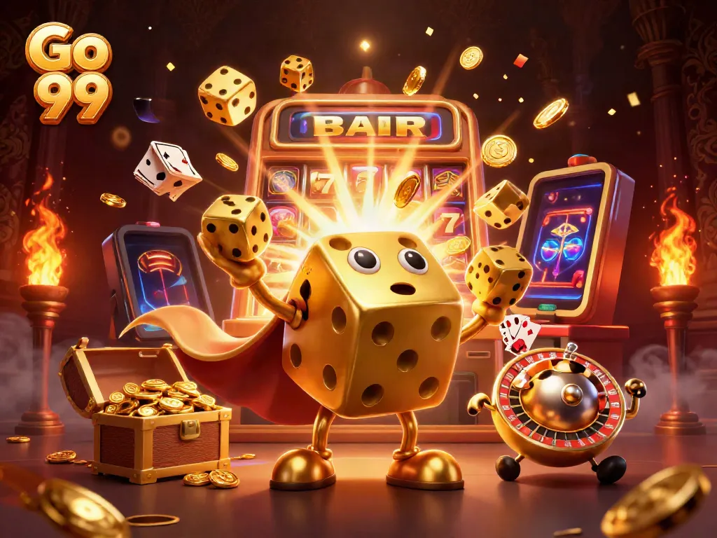 Experience vibrant chances with Go 99's golden dice golem illustration showcasing casino excitement.