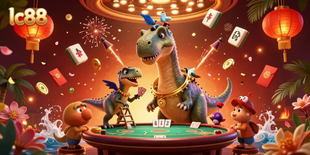 Engage in thrilling games at lc88 with an exciting casino scene featuring vibrant characters and dynamic elements.