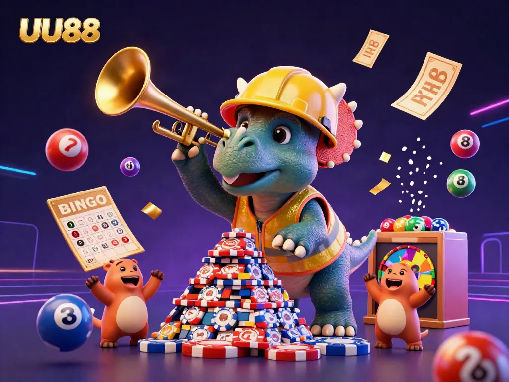 UU88 brings excitement to online gaming as a triceratops builds poker chip pyramids in this vibrant digital scene.