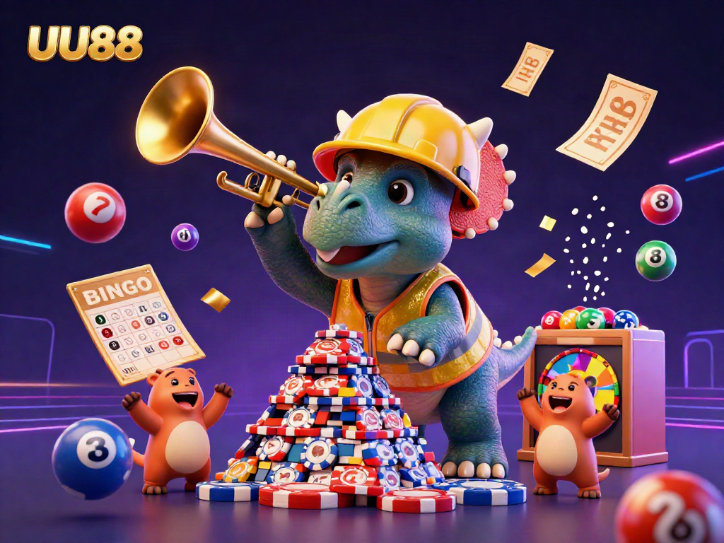 UU88 brings excitement to online gaming as a triceratops builds poker chip pyramids in this vibrant digital scene.