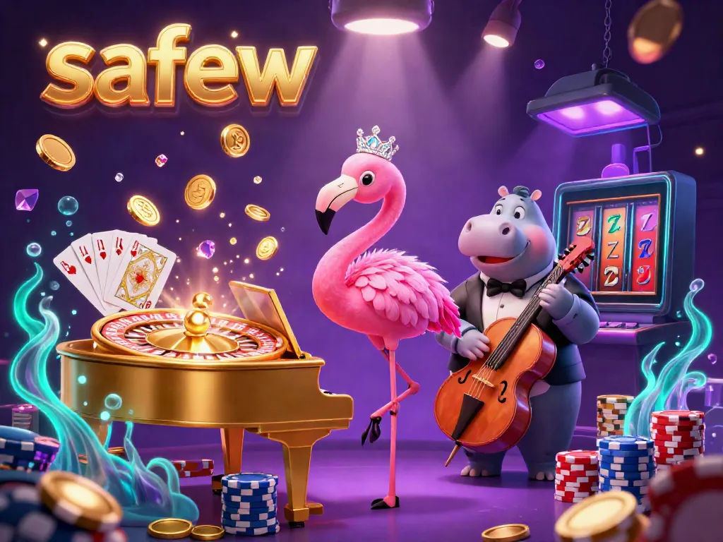 Experience the vibrant world of safew with a lively casino scene featuring characters, games, and sparkling treasures.