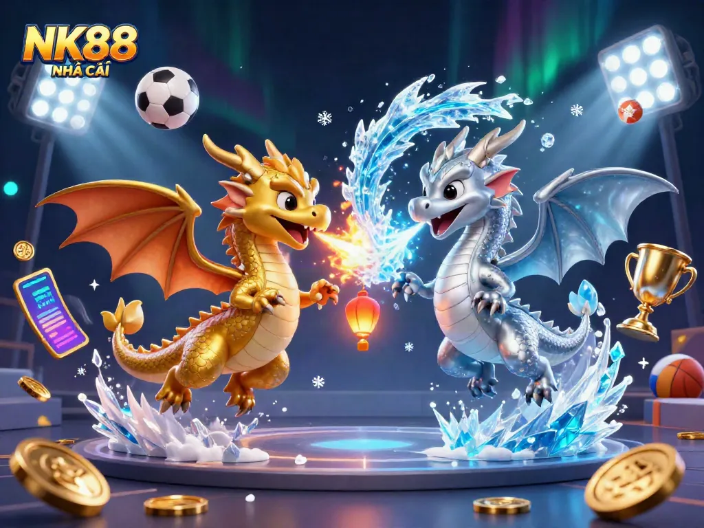 Engage with the dynamic atmosphere of NK88 NHÀ CÁI as you watch twin dragons unleash their powers amidst flying sports elements and vibrant gaming decor.