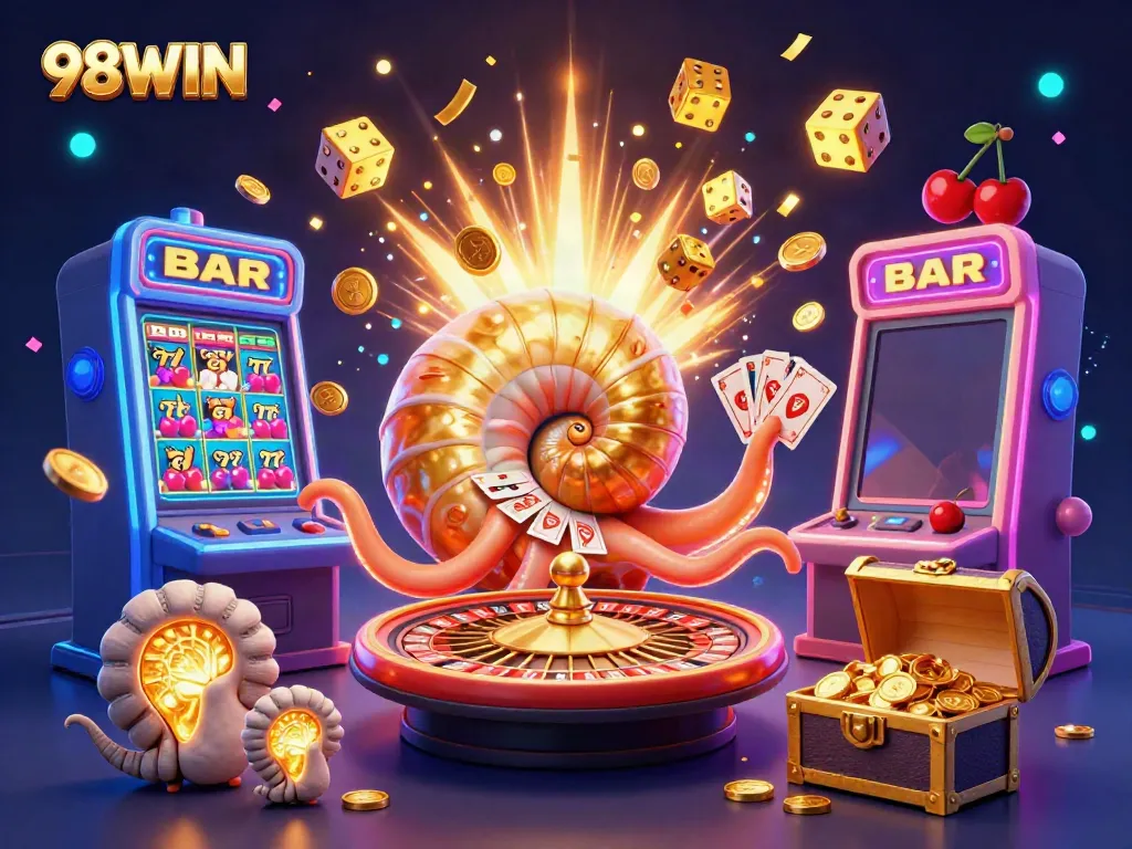 Experience the excitement of 98WIN with a vibrant 3D illustration showcasing dynamic casino gaming elements.