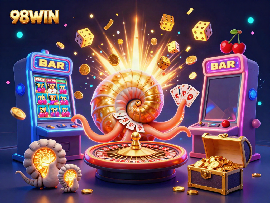 Experience the excitement of 98WIN with a vibrant 3D illustration showcasing dynamic casino gaming elements.