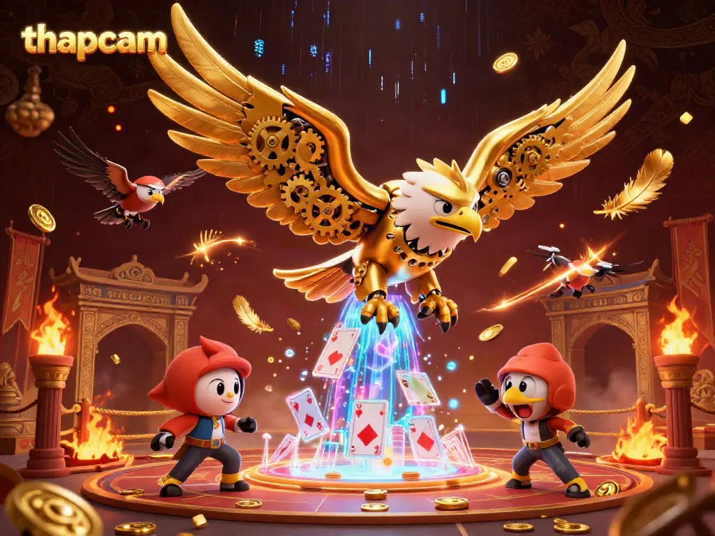 Experience thrilling online betting with thapcam featuring a cybernetic eagle soaring through holographic casino elements.