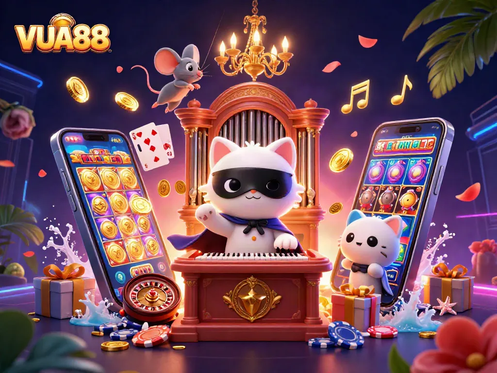 VUA88 presents a vibrant 3D cartoon casino scene with a whimsical cat and exciting slot game elements.