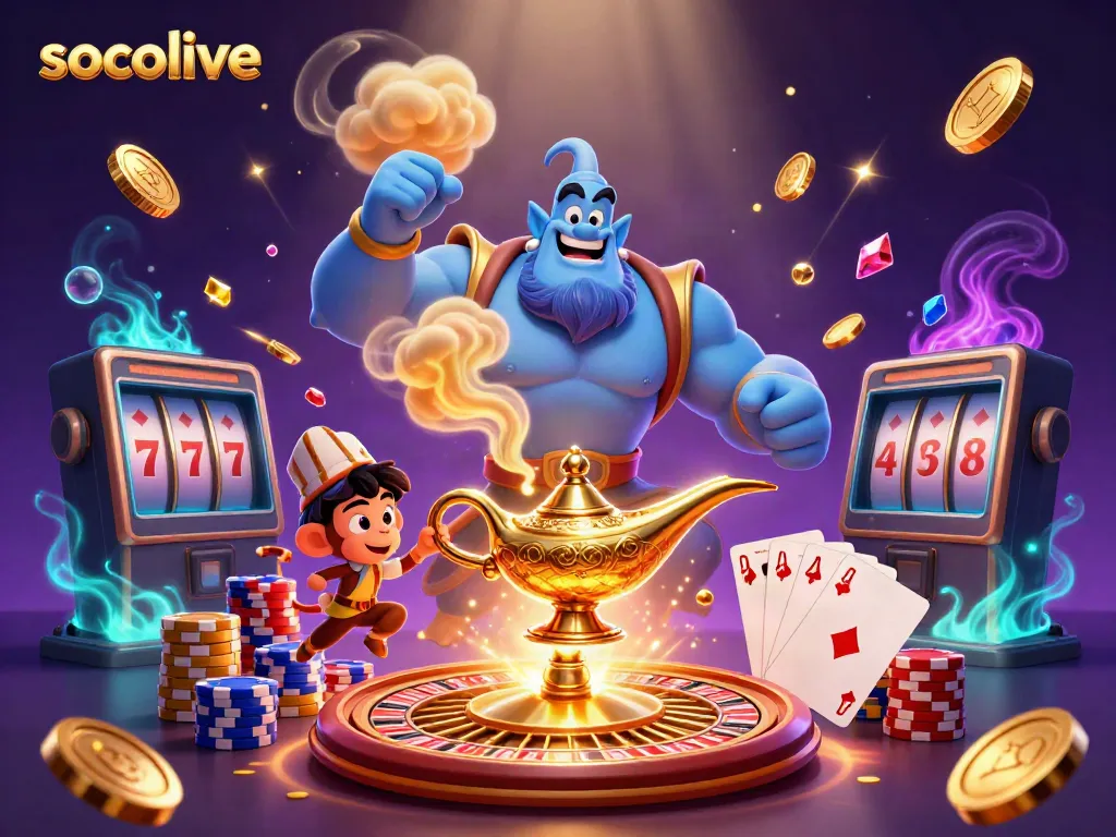 Engage with socolive in this vibrant 3D scene featuring a genie, monkey, and magical casino elements.