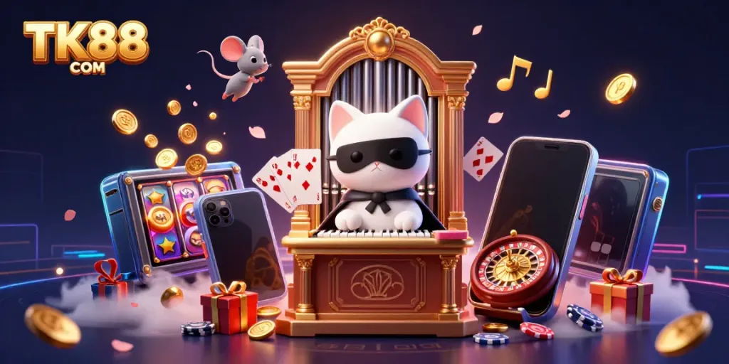Engage with the exciting world of TK88 COM, featuring a playful scene of gaming elements and characters.