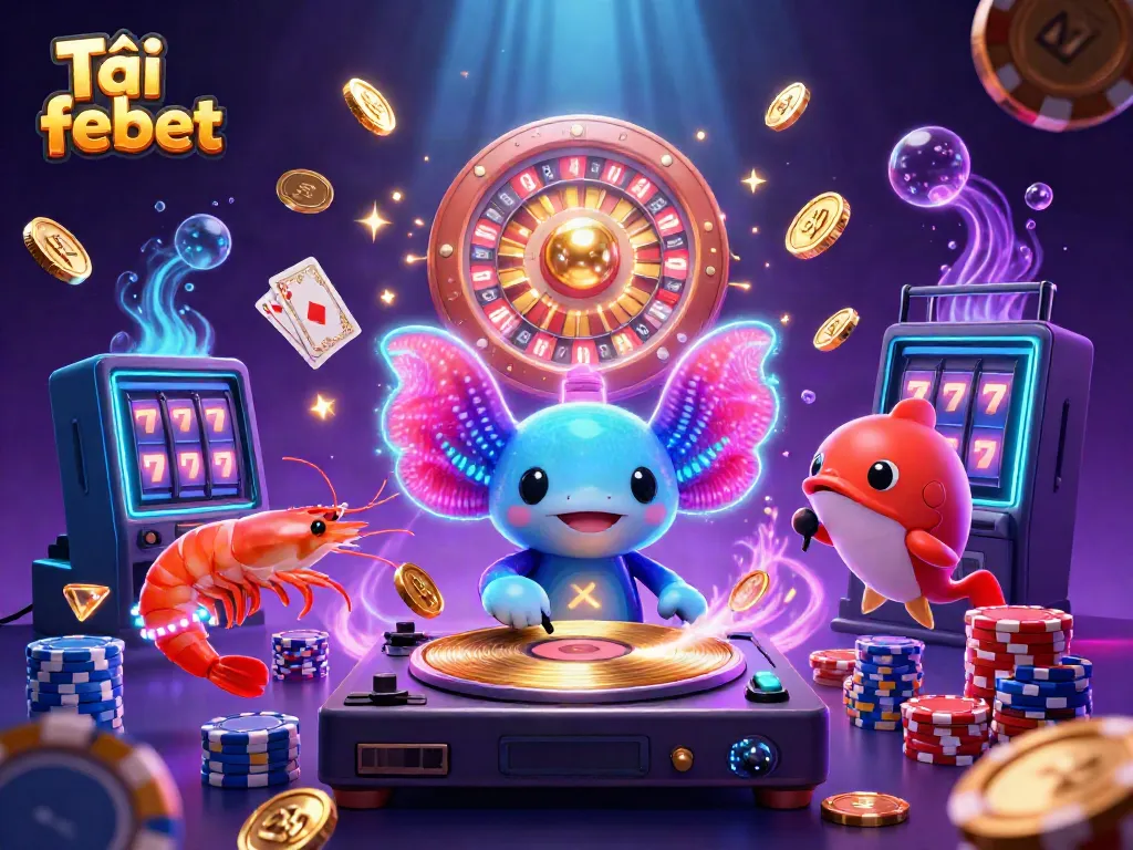 Experience gaming excitement with Tải febet, featuring a vibrant underwater party scene of themed characters and casino elements.