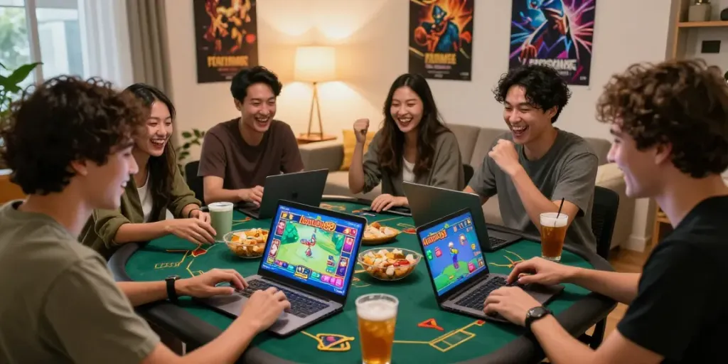 Engaged friends enjoying lumbung88 online gaming experience in a cozy living room with snacks.