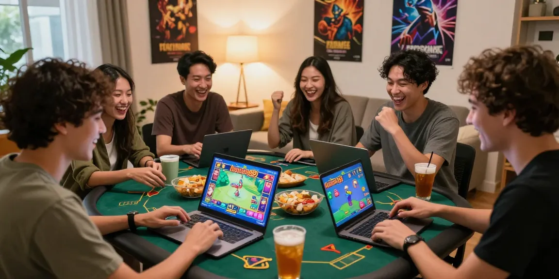 Engaged friends enjoying lumbung88 online gaming experience in a cozy living room with snacks.