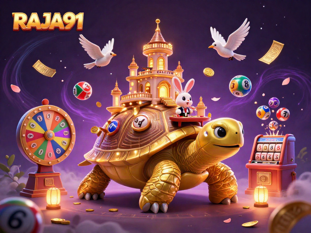 Experience the thrill of RAJA91 with a vibrant 3D illustration showcasing dynamic lottery elements and a rabbit dealer.