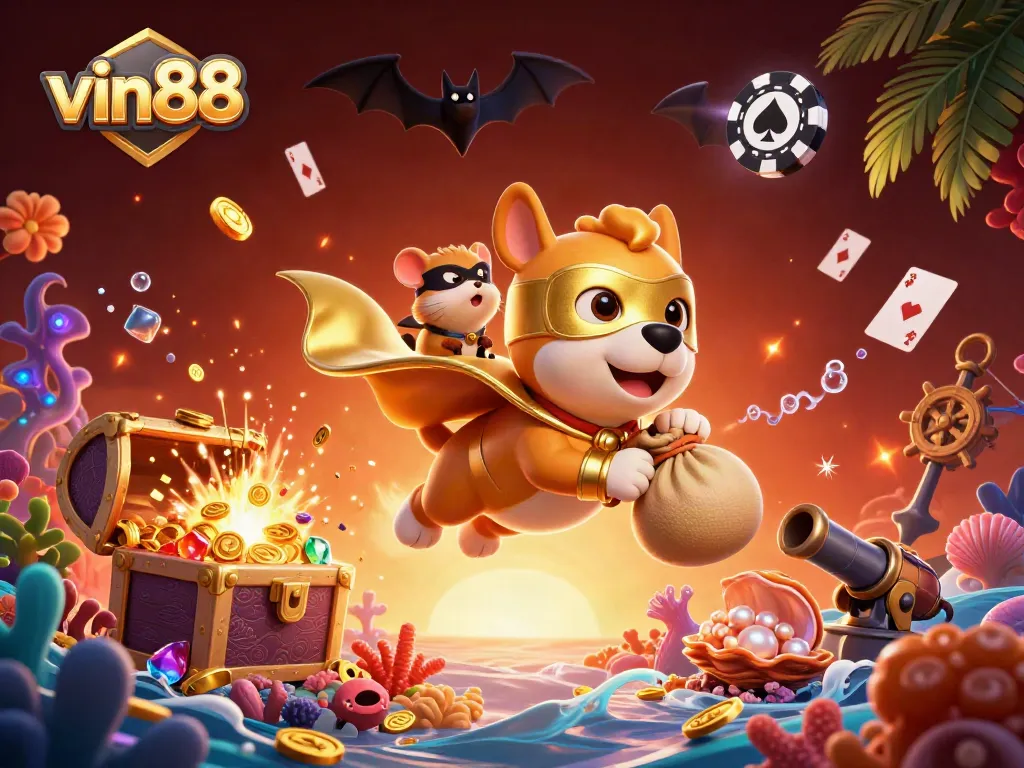 Experience the thrill of vin88 with a superhero dog carrying gold coins in a vibrant casino scene.