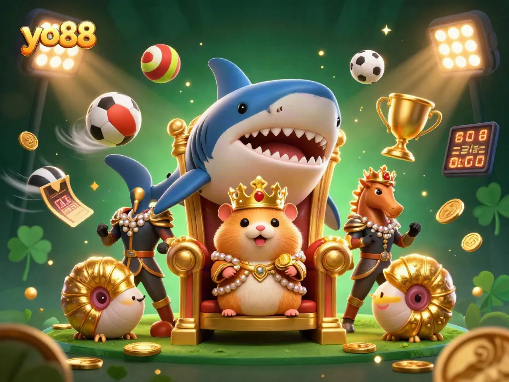 Bet on your favorite games at yo88, featuring a hamster king and seahorse guards surrounded by sports elements.