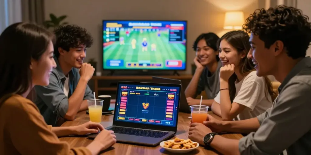Kelompok teman bahagia bermain Bandar Togel online dengan laptop dan makanan ringan.