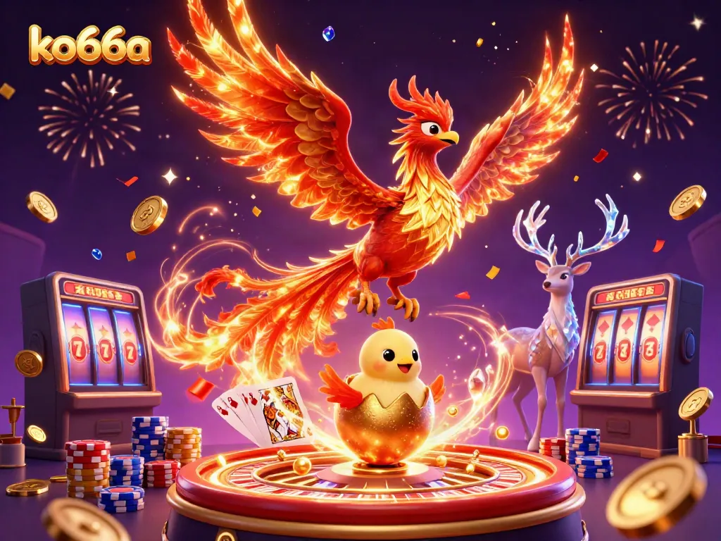 Experience winning at ko66a with vibrant casino elements, featuring a golden phoenix and exciting gaming symbols.