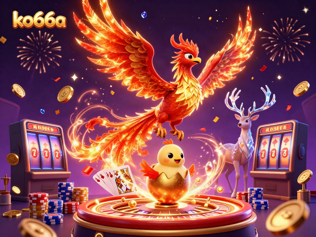 Experience winning at ko66a with vibrant casino elements, featuring a golden phoenix and exciting gaming symbols.