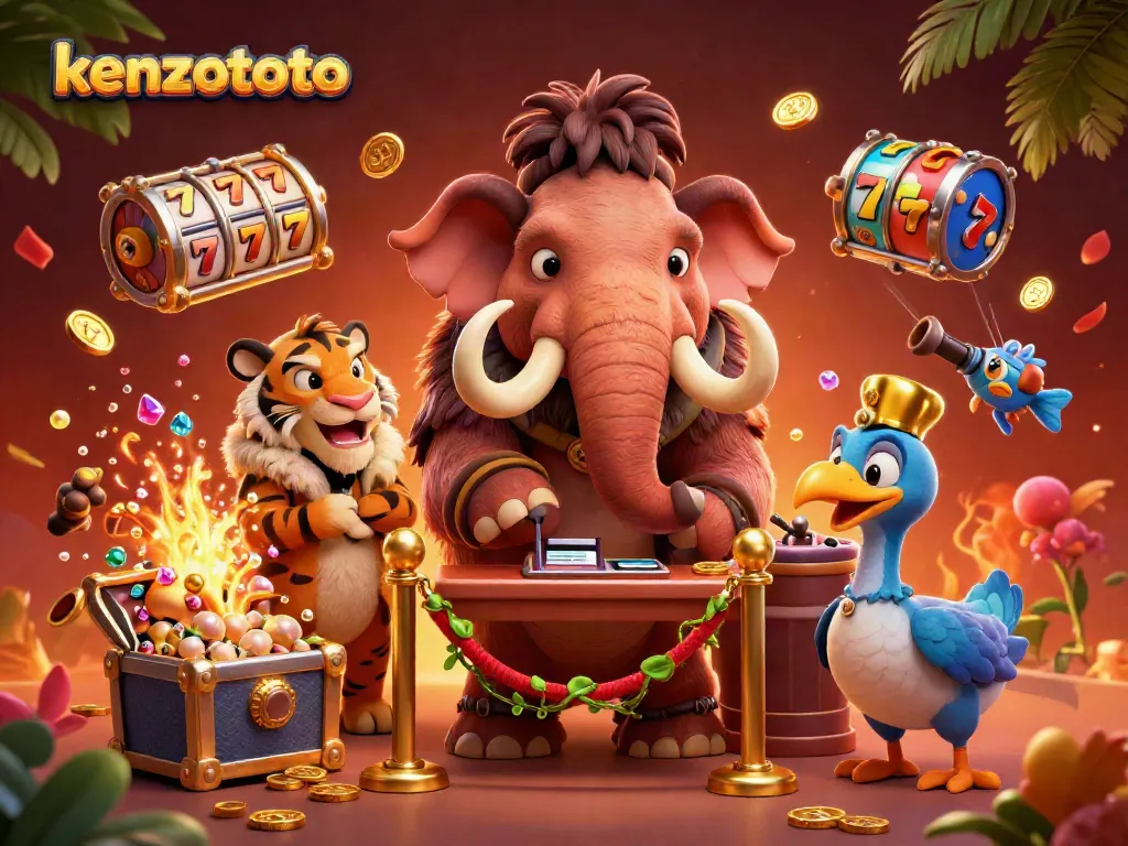Join the excitement of kenzototo with a vibrant casino scene featuring a woolly mammoth bouncer and VIP saber-tooth tiger.