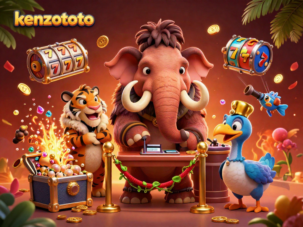 Join the excitement of kenzototo with a vibrant casino scene featuring a woolly mammoth bouncer and VIP saber-tooth tiger.