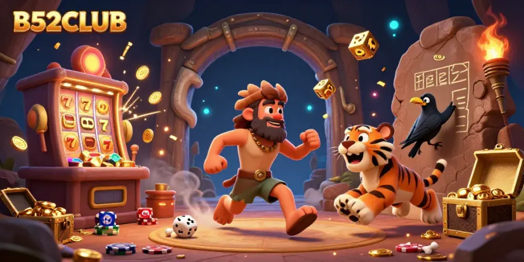 Experience the excitement of B52CLUB with a vibrant prehistoric casino scene featuring cartoon characters and game elements.