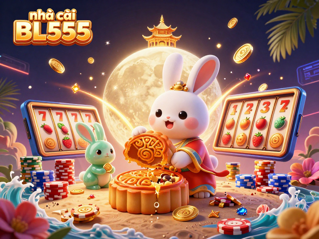 Engage with excitement at nhà cái BL555, featuring golden mooncakes and poker chips in a vibrant digital casino.