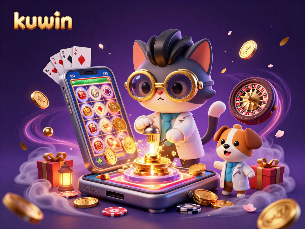 Engaging scene showcasing kuwin's vibrant casino atmosphere with colorful slot games and animated characters in action.