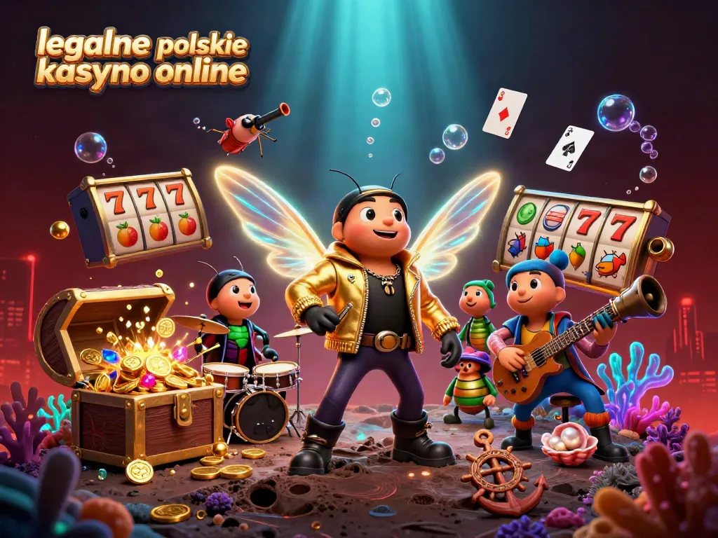 Vibrant 3D illustration showcasing the legalne polskie kasyno online with a rock star cicada, showcasing dynamic gambling elements.