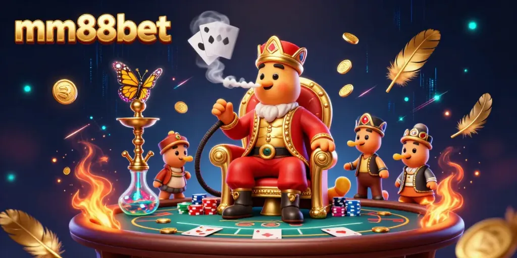 Experience the vibrant world of mm88bet with a colorful 3D scene featuring a caterpillar master in a casino setting.