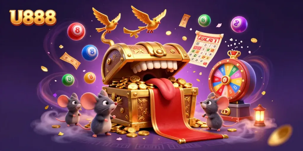 Engage with the U888 treasure chest experience, promising riches while colorful lottery balls and prizes abound.