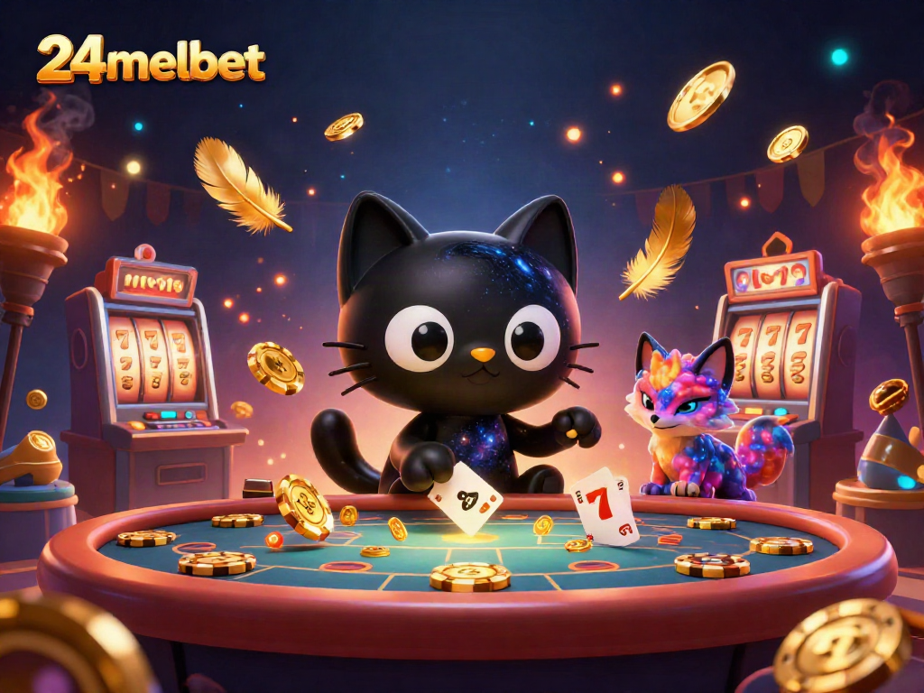 Experience the excitement of 24melbet with a cosmic casino scene featuring a black hole cat.