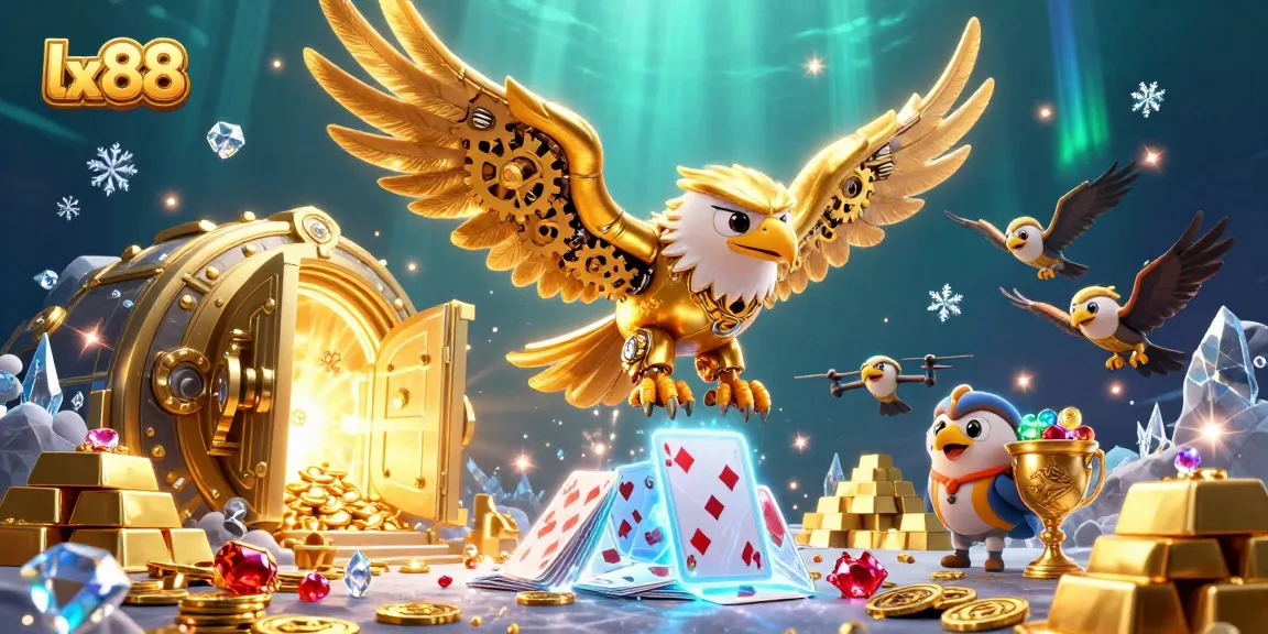 Experience the thrill of lx88 with a stunning 3D eagle soaring through a treasure-filled casino world.