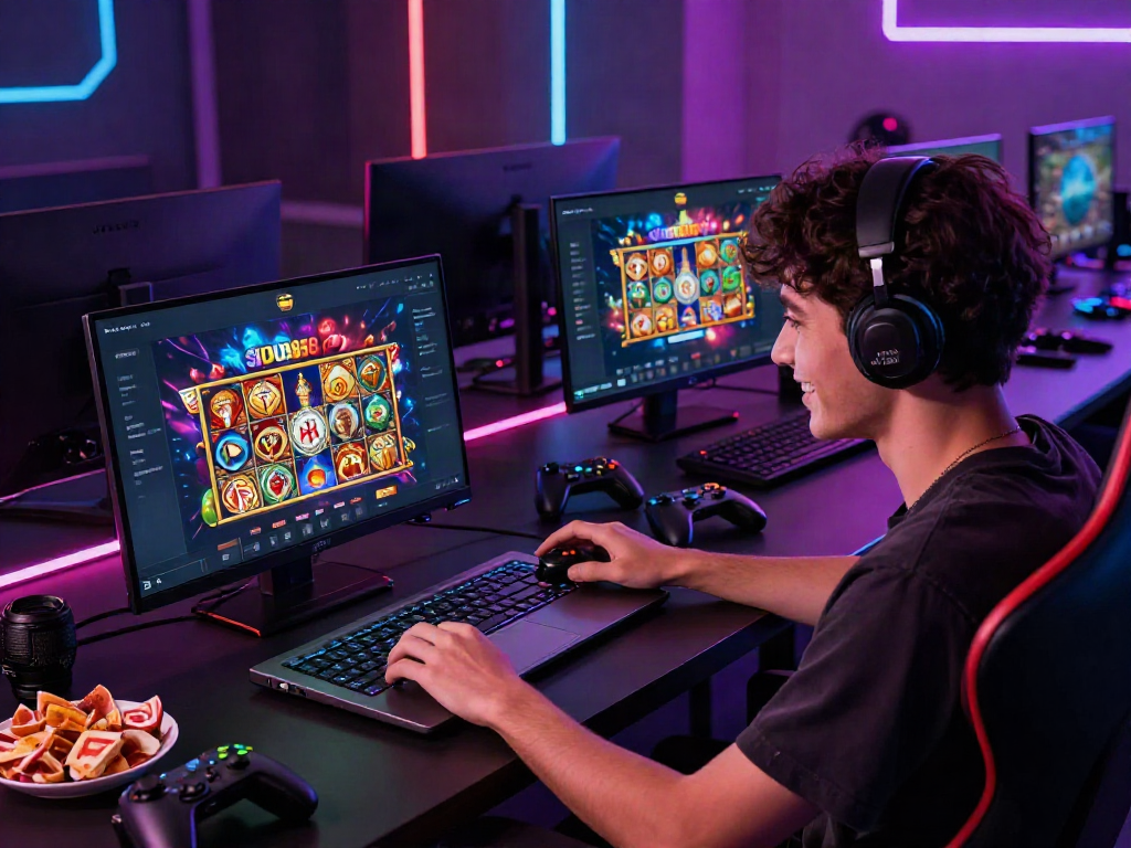 A lively gaming setup demonstrating slot88 games on a laptop with vibrant graphics