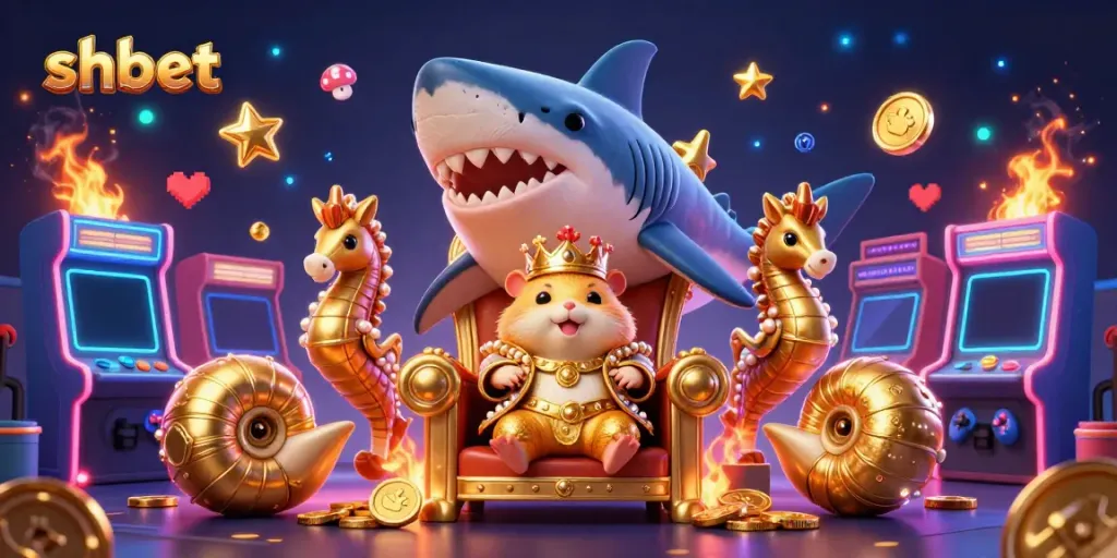 Experience the thrill of shbet with a vibrant 3D casino gaming scene showcasing a golden hamster king.