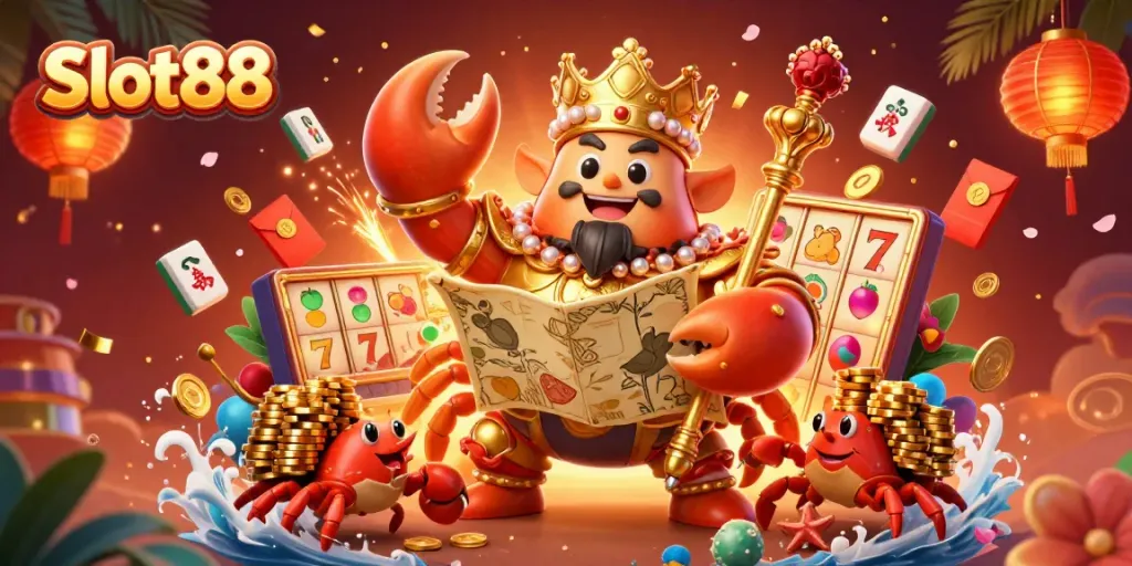 Spin and win with Slot88 as you join the golden crab emperor in a vibrant casino scene.