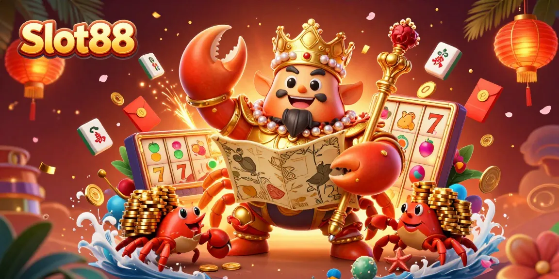 Spin and win with Slot88 as you join the golden crab emperor in a vibrant casino scene.
