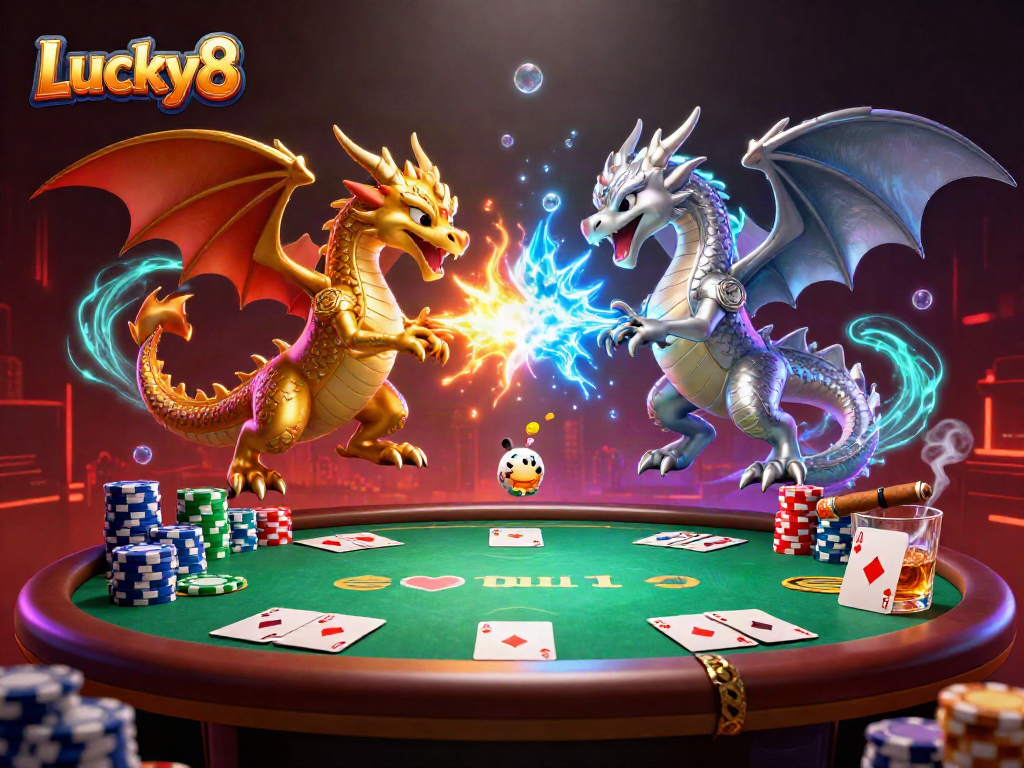 Experience the excitement of Lucky8 with vibrant dragons and poker elements in a dynamic casino scene.