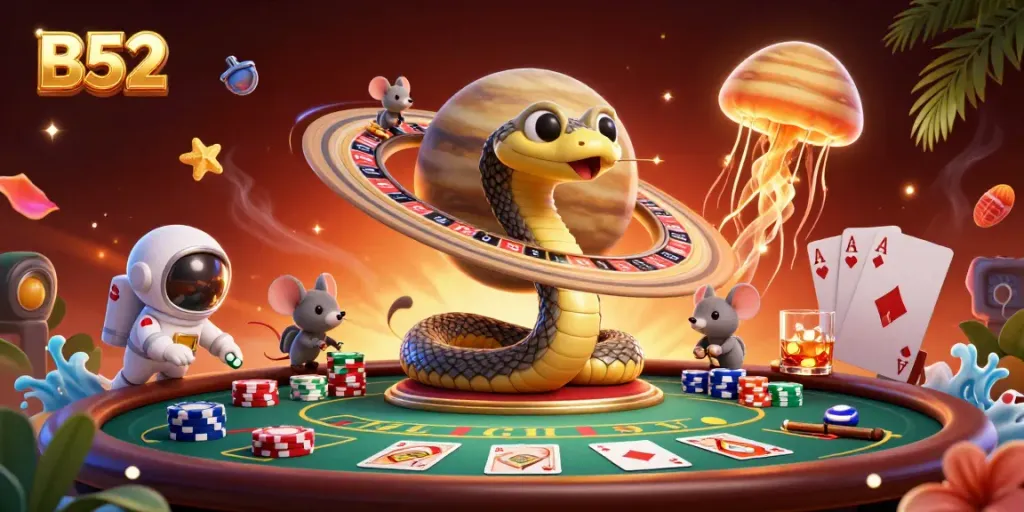 B52 casino scene with a coiled Saturn ring snake as a roulette wheel and astronaut mice betting.