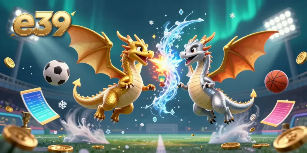 Experience the thrill of e39 with captivating 3D dragons and dynamic sports elements in this stunning gambling illustration.